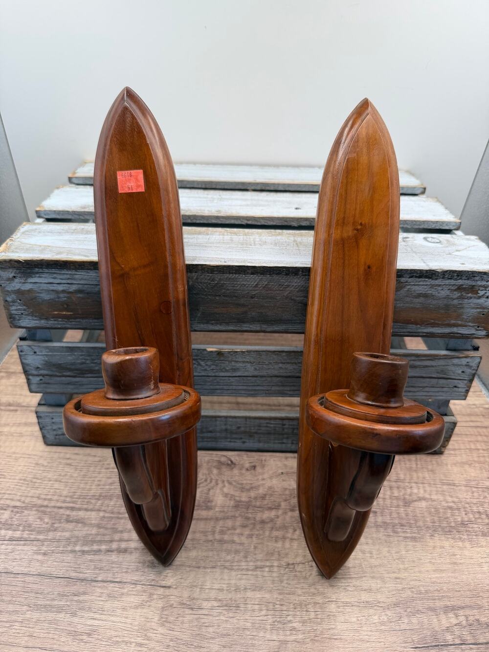 Vintage Pair Wooden Wall Sconces Taper Candle Holders -Mid Century Farmhouse-14"